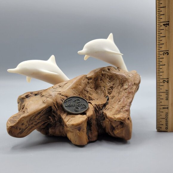 Vintage John Perry White Dolphin Sculpture On Driftwood Base 4" Tall - Picture 14 of 14